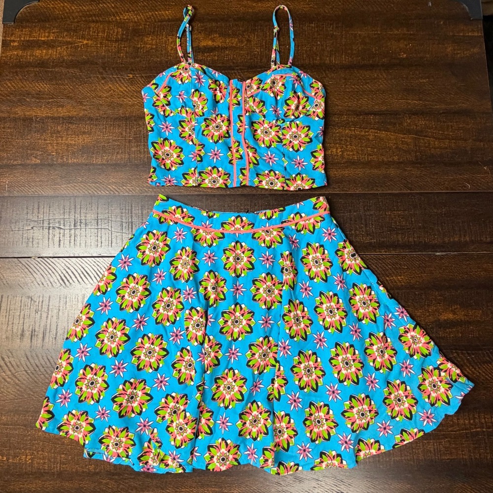 Flying Tomato Neon Floral Crop Top Skirt Set Blue S Festival Indie Scenecore